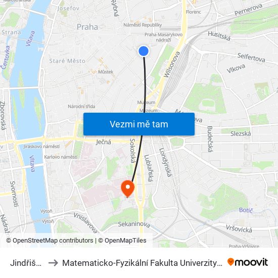 Jindřišská to Matematicko-Fyzikální Fakulta Univerzity Karlovy map