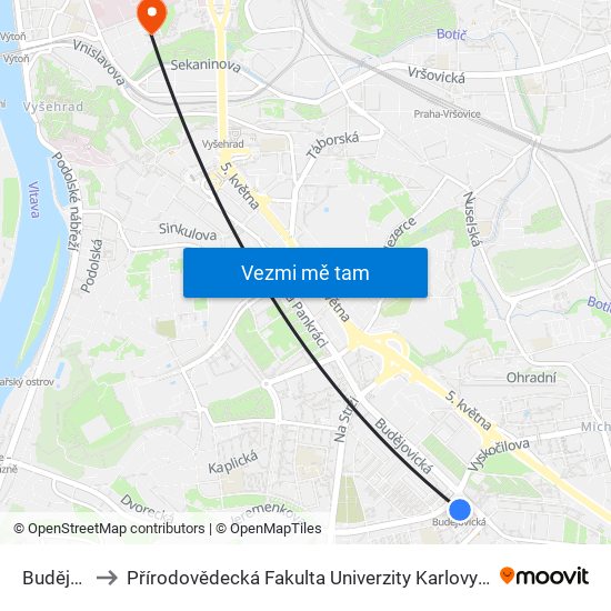 Budějovická to Přírodovědecká Fakulta Univerzity Karlovy - Budova Chemické Sekce map