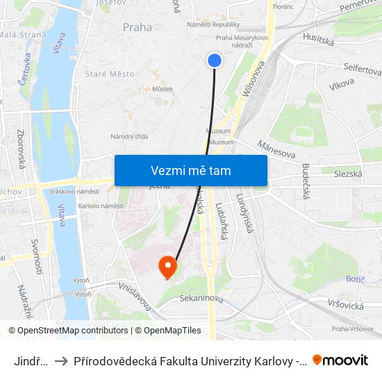 Jindřišská to Přírodovědecká Fakulta Univerzity Karlovy - Budova Chemické Sekce map