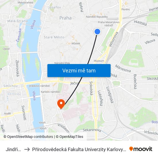 Jindřišská to Přírodovědecká Fakulta Univerzity Karlovy - Studijní Oddělení map