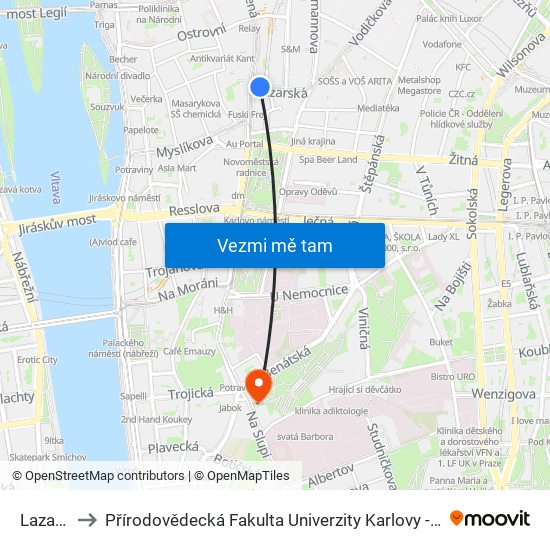 Lazarská to Přírodovědecká Fakulta Univerzity Karlovy - Studijní Oddělení map