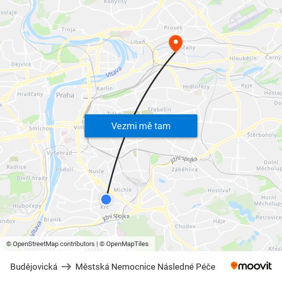 Budějovická to Městská Nemocnice Následné Péče map