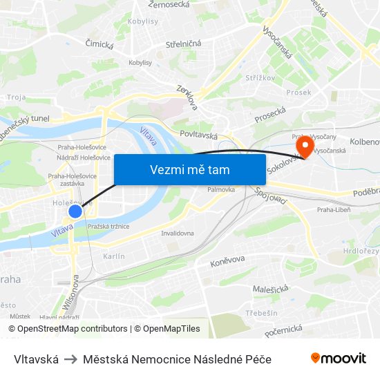 Vltavská to Městská Nemocnice Následné Péče map