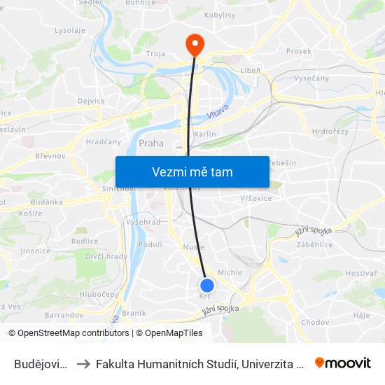 Budějovická to Fakulta Humanitních Studií, Univerzita Karlova map