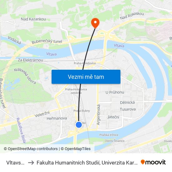 Vltavská to Fakulta Humanitních Studií, Univerzita Karlova map