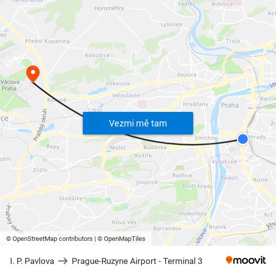 I. P. Pavlova to Prague-Ruzyne Airport - Terminal 3 map