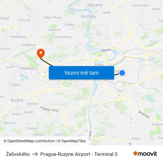 Želivského to Prague-Ruzyne Airport - Terminal 3 map