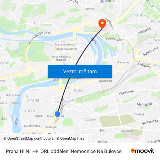 Praha Hl.N. to ORL oddělení Nemocnice Na Bulovce map