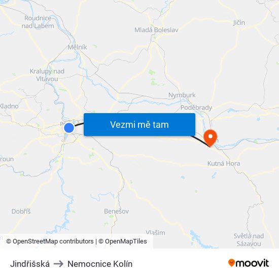 Jindřišská to Nemocnice Kolín map