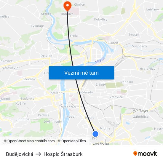 Budějovická to Hospic Štrasburk map