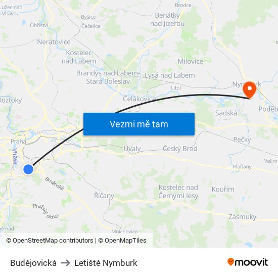 Budějovická to Letiště Nymburk map