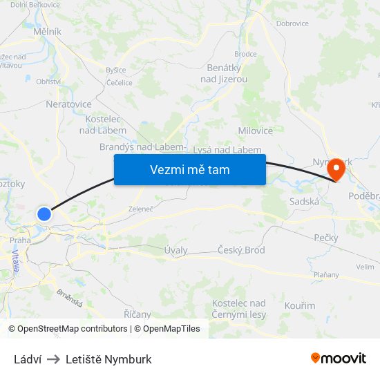 Ládví to Letiště Nymburk map