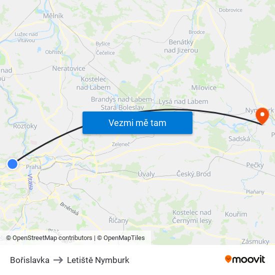 Bořislavka to Letiště Nymburk map