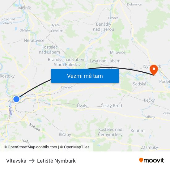 Vltavská to Letiště Nymburk map