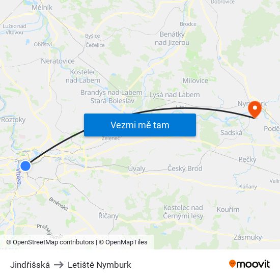 Jindřišská to Letiště Nymburk map