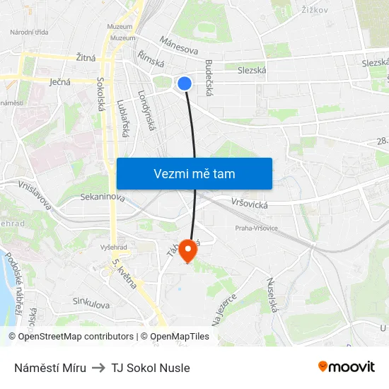 Náměstí Míru to TJ Sokol Nusle map