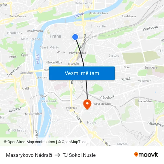 Masarykovo Nádraží to TJ Sokol Nusle map