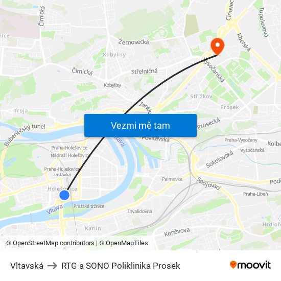 Vltavská to RTG a SONO Poliklinika Prosek map