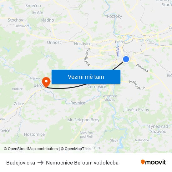 Budějovická to Nemocnice Beroun- vodoléčba map