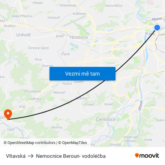 Vltavská to Nemocnice Beroun- vodoléčba map