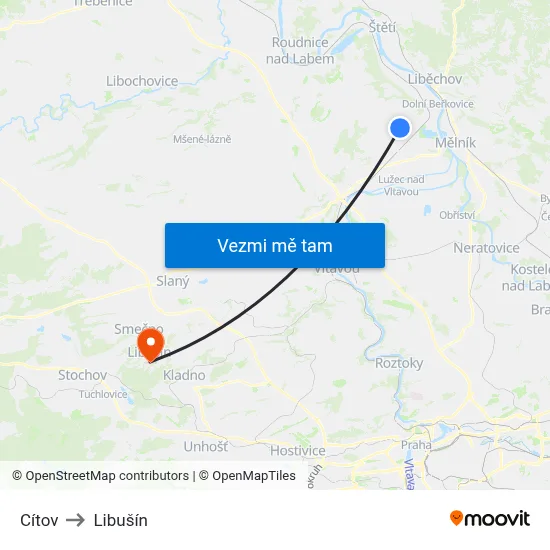 Cítov to Libušín map