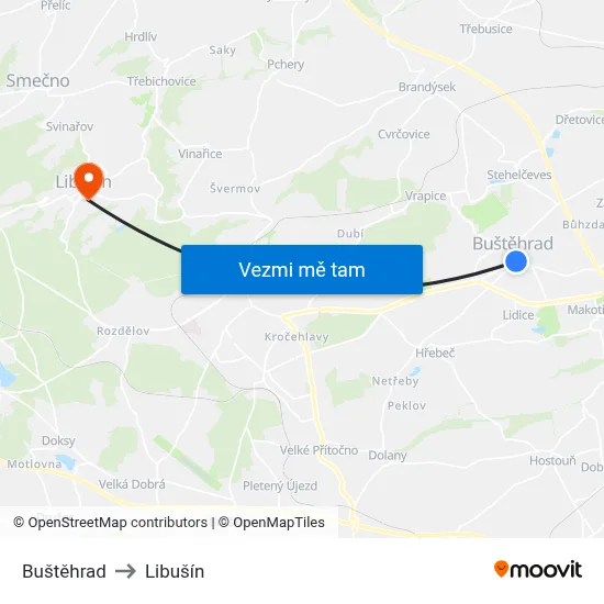 Buštěhrad to Libušín map