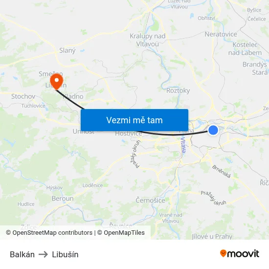 Balkán to Libušín map