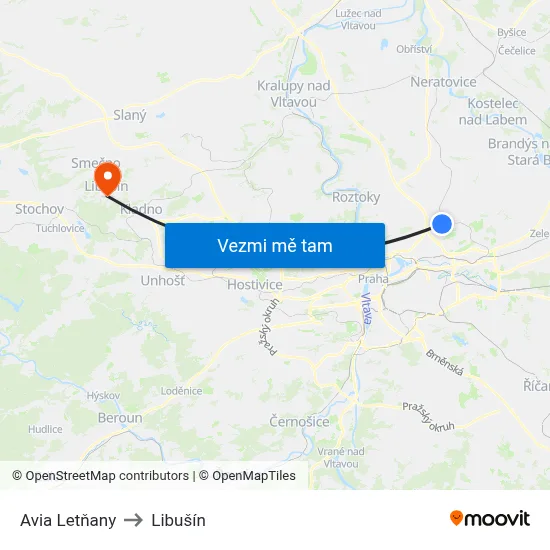 Avia Letňany to Libušín map