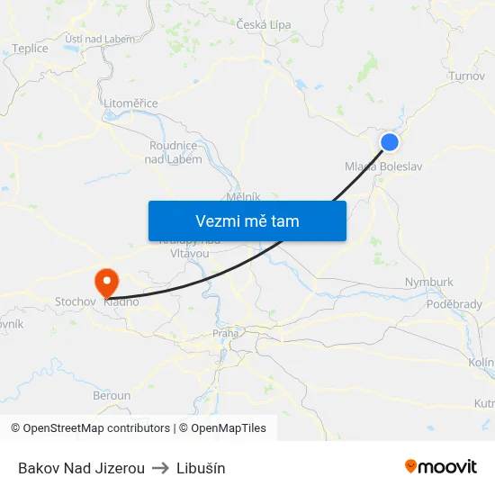 Bakov Nad Jizerou to Libušín map