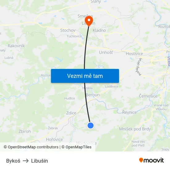 Bykoš to Libušín map