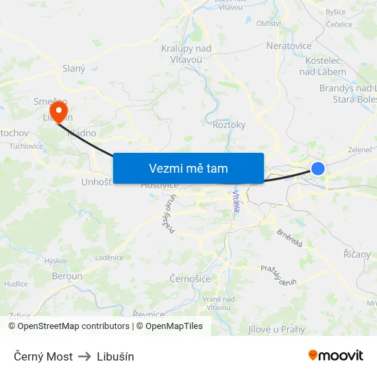 Černý Most to Libušín map
