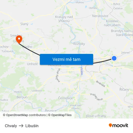 Chvaly to Libušín map