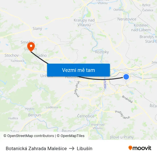 Botanická Zahrada Malešice to Libušín map