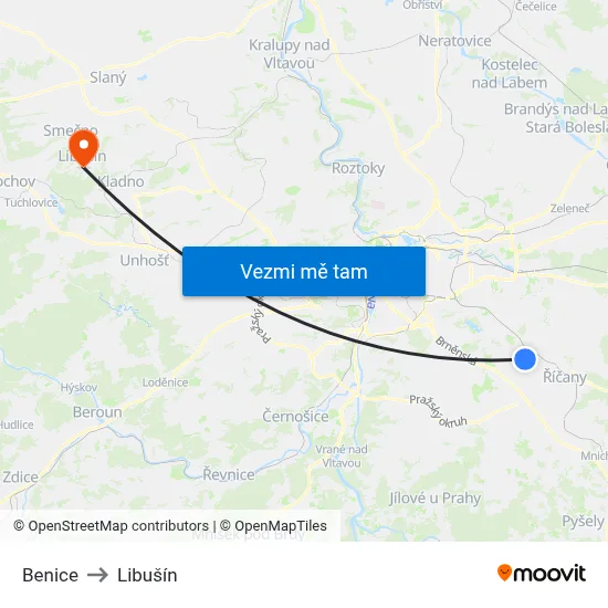 Benice to Libušín map