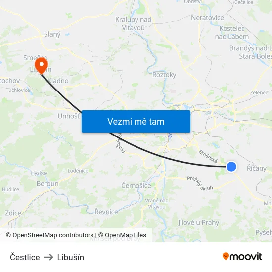 Čestlice to Libušín map