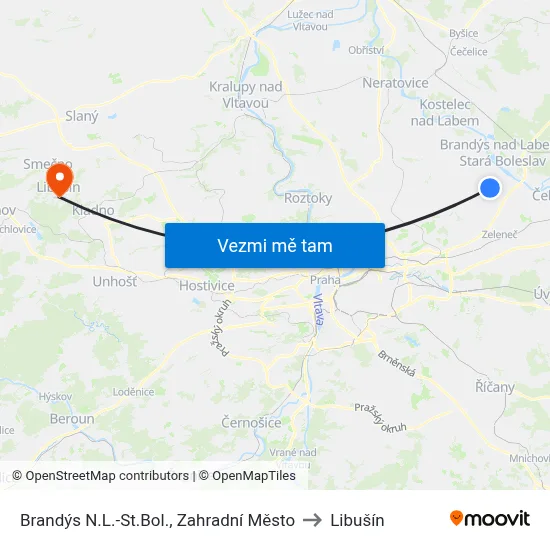 Brandýs N.L.-St.Bol., Zahradní Město to Libušín map