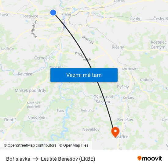 Bořislavka to Letiště Benešov (LKBE) map