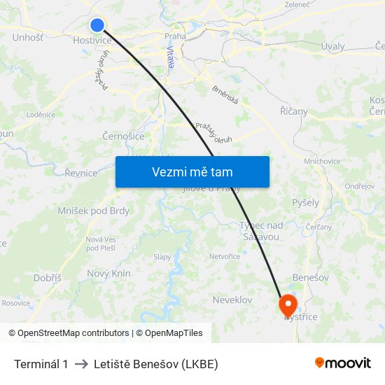 Terminál 1 to Letiště Benešov (LKBE) map