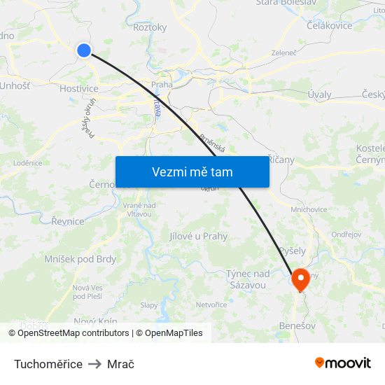 Tuchoměřice to Mrač map