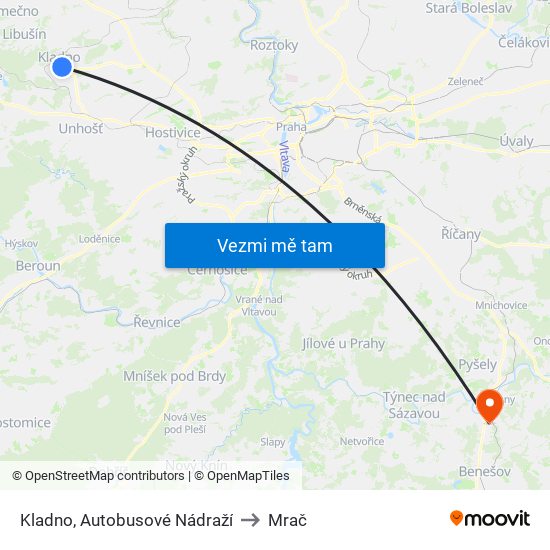 Kladno, Autobusové Nádraží to Mrač map