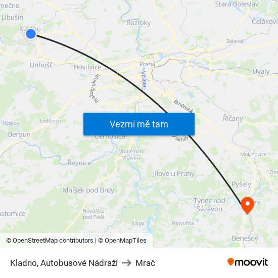 Kladno, Autobusové Nádraží to Mrač map