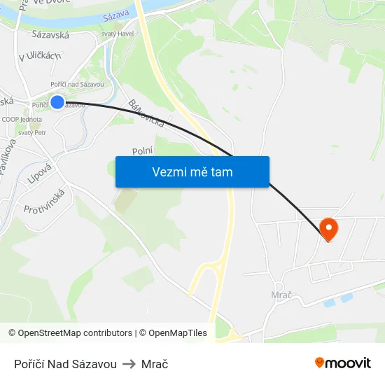 Poříčí Nad Sázavou to Mrač map