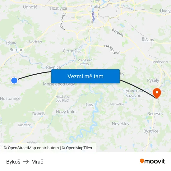 Bykoš to Mrač map