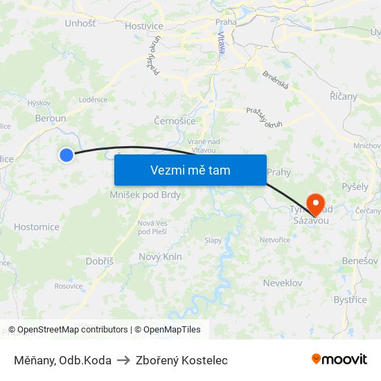 Měňany, Odb.Koda to Zbořený Kostelec map