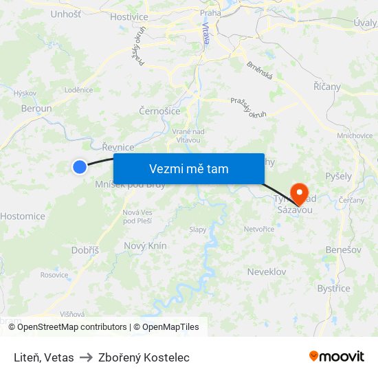 Liteň, Vetas to Zbořený Kostelec map