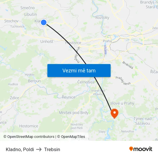 Kladno, Poldi to Trebsin map