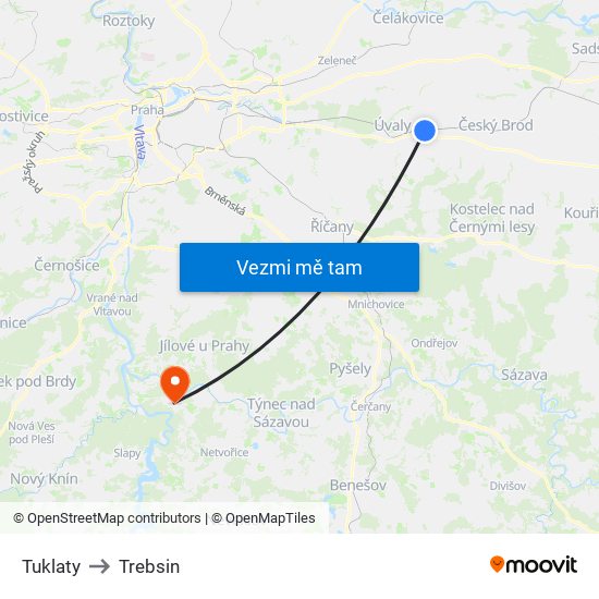 Tuklaty to Trebsin map