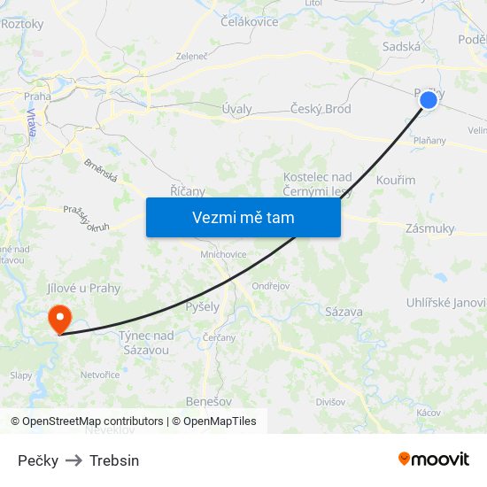 Pečky to Trebsin map