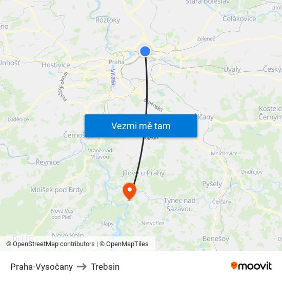 Praha-Vysočany to Trebsin map