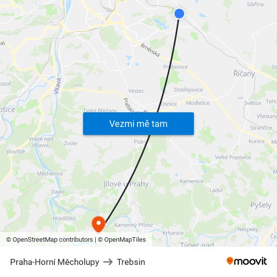 Praha-Horní Měcholupy to Trebsin map